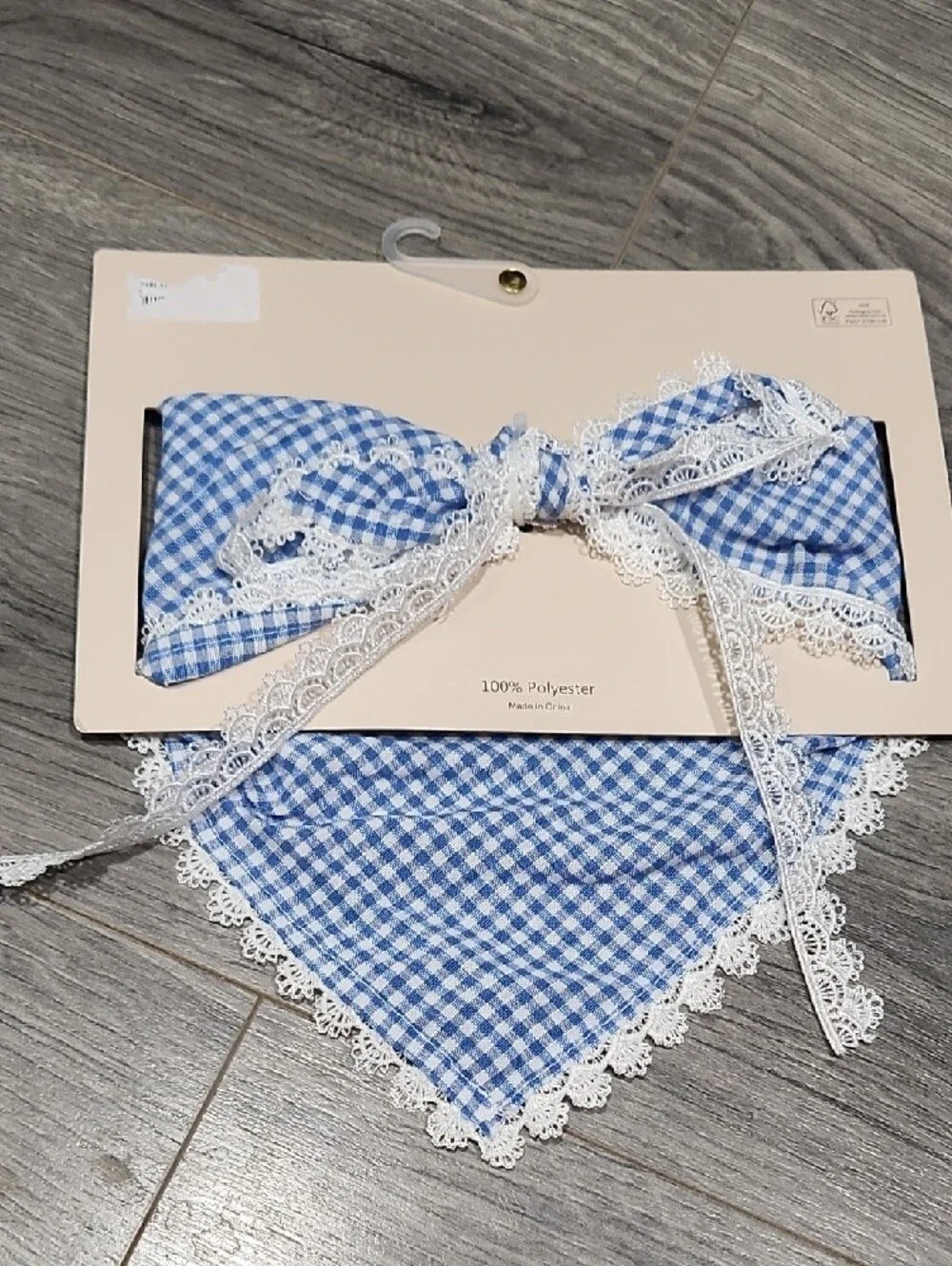 Piper Blue Gingham Bandana Bib with White Lace Trim